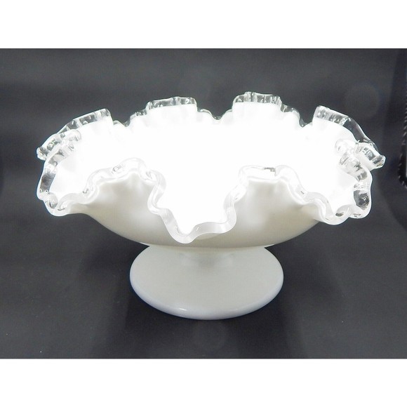 Fenton Silver Crest Milk Glass Ruffled Pedestal Compote Candy Dish Bowl - Picture 1 of 9